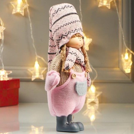 Interior doll "Girl in pink overalls and in pink cap" 49x8x14 cm-1