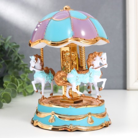 Souvenir Musical Mechanical Light "Carousel - Horses" Blue 12.3x12.3x18 cm-1