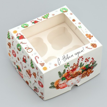 Folding box for 4 cupcakes with the window “Happy New Year!”, Sweets, 16 x 16 x 10 cm, New Year-1