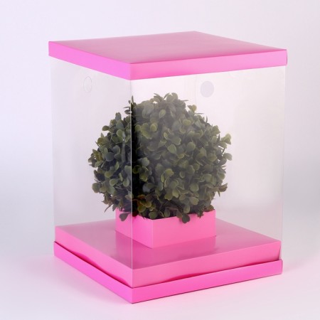 Box for flowers with a vase and PVC windows are folding, 23 x 30 x 23 cm, plain, pink