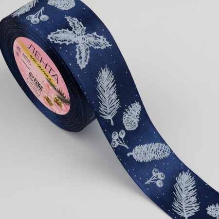 Satin tape "cones and twigs", 40 mm, 23 ± 1 m, dark blue color No. 38-1
