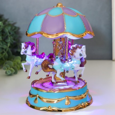 Souvenir Musical Mechanical Light "Carousel - Horses" Blue 12.3x12.3x18 cm-6