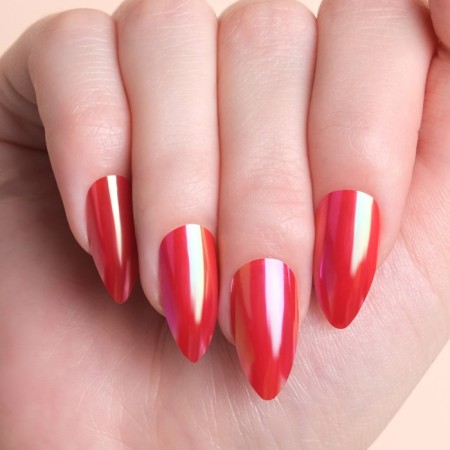 False nails, 24 pcs, with glue plates, the shape of almonds, sparkles/holography, red color-14