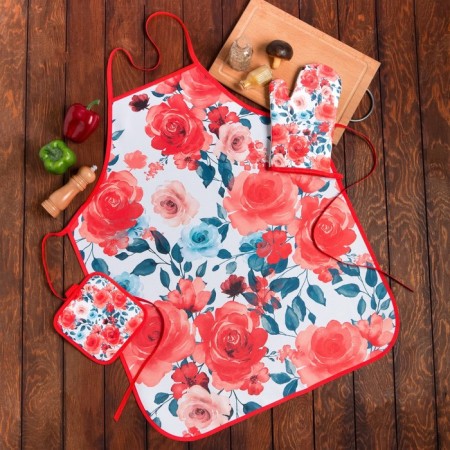 Kitchen set of "rose" dignity 17x17 cm, mittens 25x16 cm, apron 60x80 cm, 100% p/e