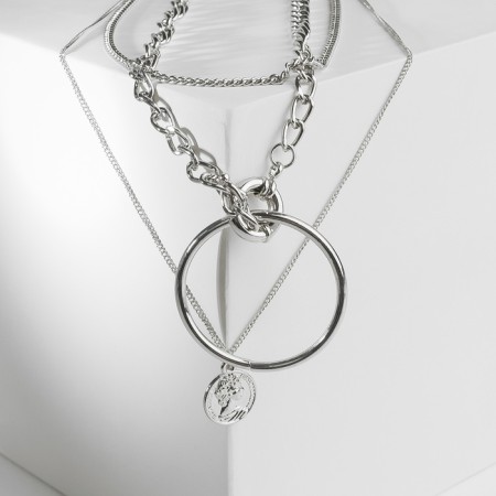 Piece "Chain" a large ring with medallion, silver color, 66 cm-1
