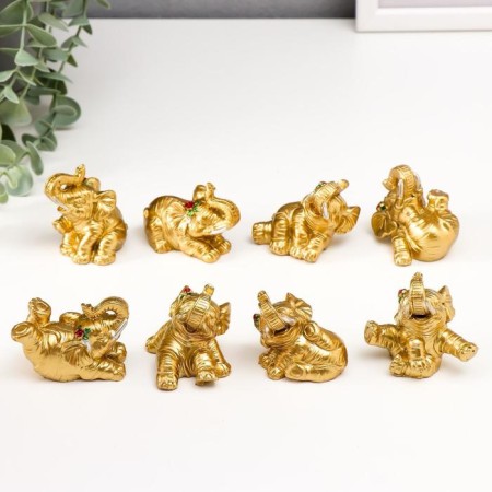 Souvenir Polystone "Golden Elephant with Flower" set 8 pcs 5.5x4x4 cm