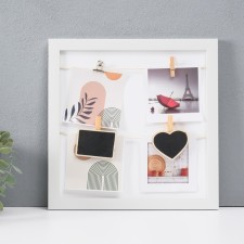 Фоторамка пластик на 4 фото 10х10 см "Стиль" с прищепками, белая 30х30х1,5 см