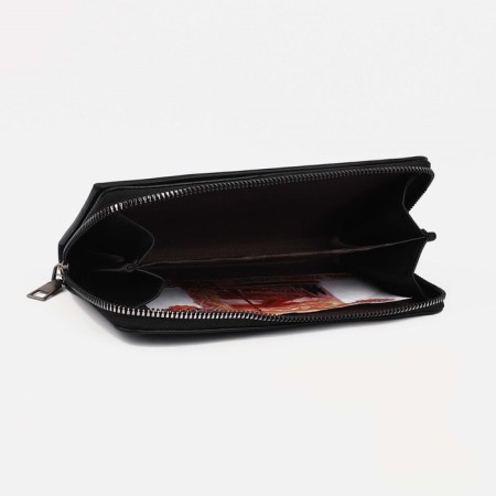 Male purse with zipper, department for bills, for maps, for coins, black color-3
