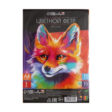 Color felt set, thickness 1 mm, A4 format, soft, 15 sheets, 15 colors, TOP-20
