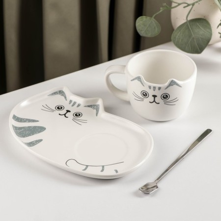 Tea couple ceramic "cat", 3 items: a cup of 200 ml, a saucer 18.5 × 13.5 cm, a spoon-1