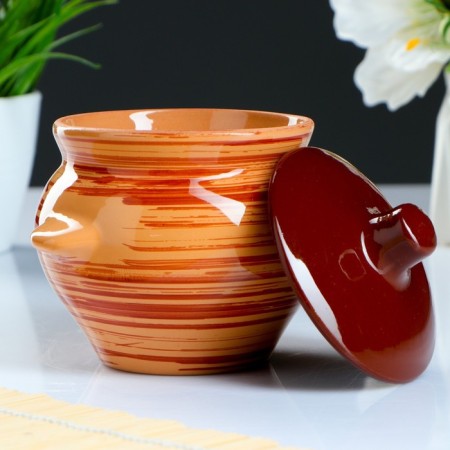 Ceramic pot for baking No. 5 with handles, 0.5l / 10x10.5cm, orange strip-1