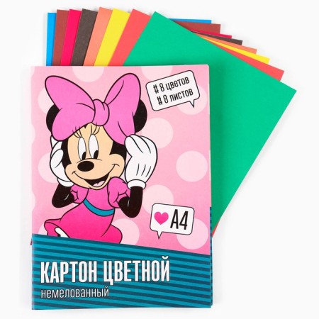 Cardboard color, A4, 8 sheets, 8 colors, non -unilateral, in a folder, 220 g/m², Minnie Mouse-1