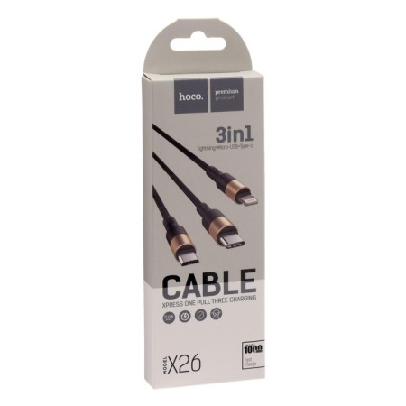 Hoco X26 cable, microUSB/Lightning/Type-C-USB, 2 A, 1 m, nylon braid, black and golden-4