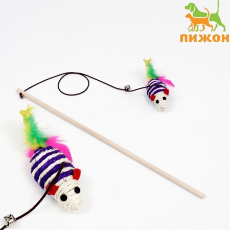 Teaser with mouse (7 cm) on a wooden stick, 40 cm, blue/white