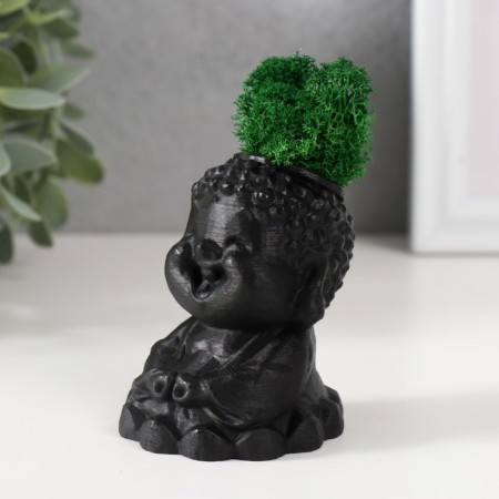 Concrete Kashpo "Buddha" 5.5x6.5x7cm black matte with moss (moss green stabilized)-3