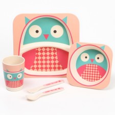 A set of children's utensils from the bamboo “Owl”, 5 objects: plate, bowl, glass, cutlery