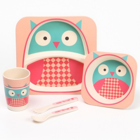 A set of children's utensils from the bamboo “Owl”, 5 objects: plate, bowl, glass, cutlery