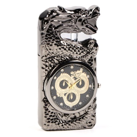 Gas lighter with a clock "Dragon", Piezo, Black-3