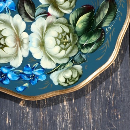 Zhostovsky tray "roses", dark gray, round, d = 17 cm-1