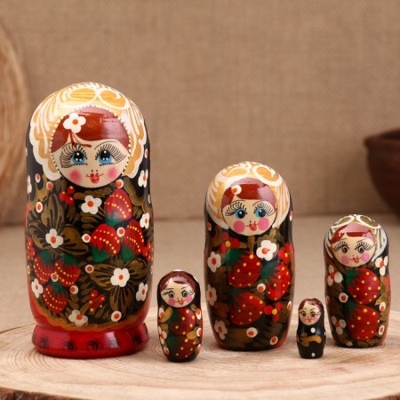 Nesting doll "berry", red dress, 5 doll, 16 cm