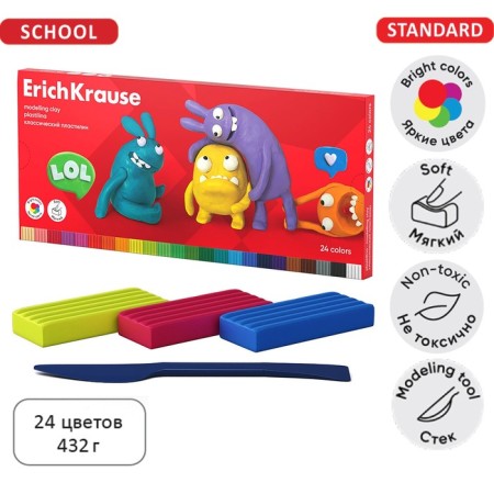 Plasticine 24 colors, 432 g, Erichkrause "Jolly Friends", with a glass, in cardboard packaging