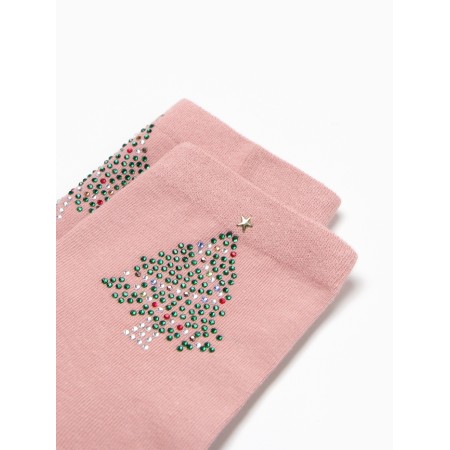 Women's socks "Christmas tree from rhinestones", pink color, rn 36-40-1