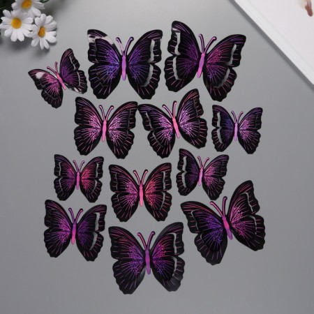 Plastic sticker "Black butterflies with purple" double wings set 12 pcs 12 cm, 10 cm 8 cm 105242