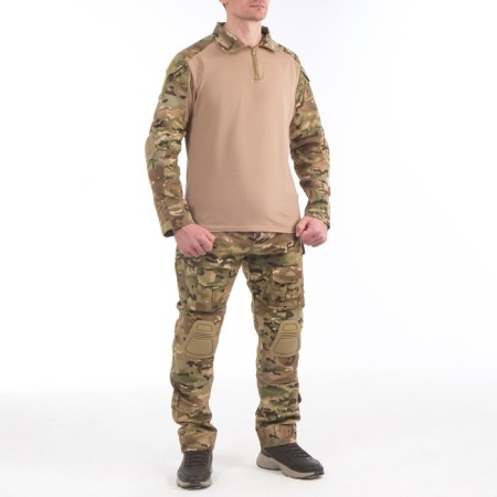 The costume is tactical, with inserts on the elbows and knees, cartoons, l