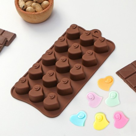Form for chocolate of the share "Heartburn", silicone, 21.5 × 11 × 1.5 cm, 15 cells, brown color