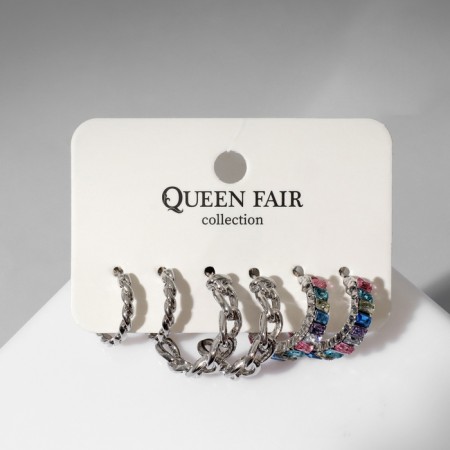 Ring earrings set 3 pairs of “links” chains, colored in silver, d = 2-1