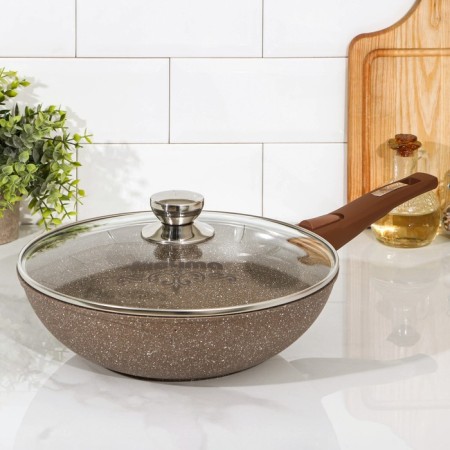 Granite Brown pan, d = 28 cm, removable handle, glass cover, anti -stick coating, brown color