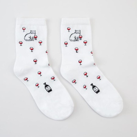 Women's socks "Pussy with a glass" Color white, size 23-25
