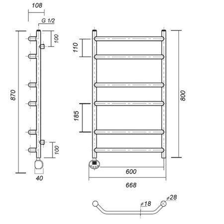Domoterm electric heated towel rail "Laura" P6, 600x800 mm, left, bronze-2