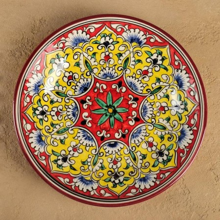 Plate of the Rishtan ceramics "Kalam", 23 cm, red-yellow, Mix patterns-6