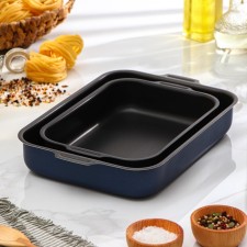 A set of baking sheets with solid handles, without covers, 2 items: 19 × 25 cm, 23 × 30 cm, anti -stick coating, blue color