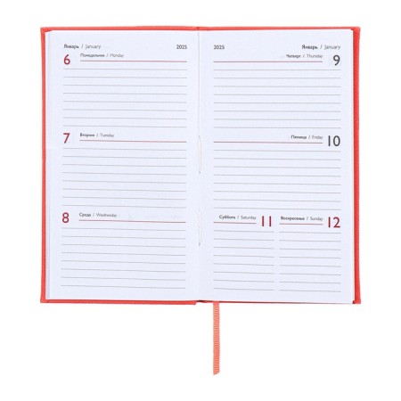 The weekly dated 2025, 85x145 mm, 64 sheets of Escalada, a solid cover made of artificial leather, pancake embossing, block 70 g/m², coral-8