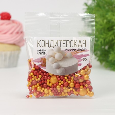 Confectionery sprinkling "pearls" (gold, red), 50 g-1