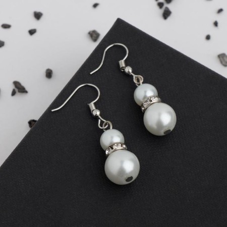 Earrings with pearls "double ball", white color in silver