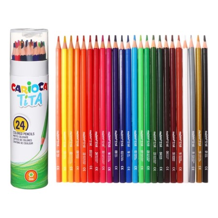 Pencils 24 colors, Carioca "Tita", wood, hexagonal, 3 mm stiffle, bright, tube + sharpener as a gift