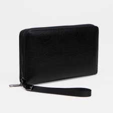 Male purse with zipper, department for bills, for maps, for coins, black color