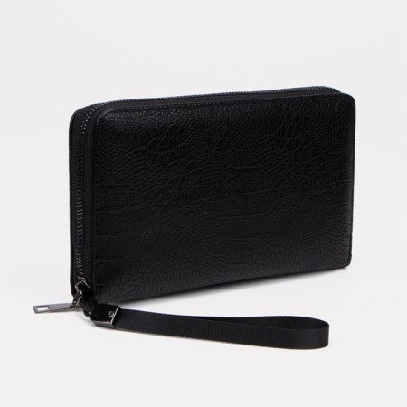 Male purse with zipper, department for bills, for maps, for coins, black color