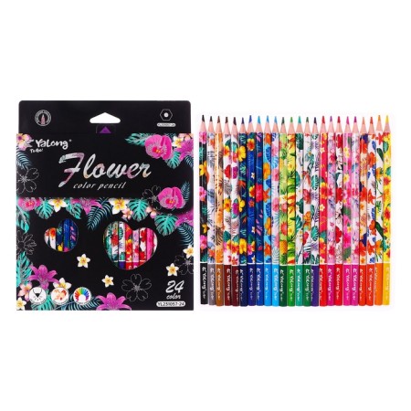 Pencils 24 colors in a cardboard box, hexagonal, wooden, flowers on a black mix
