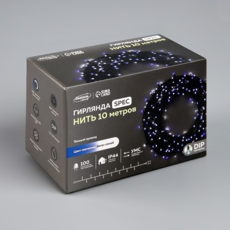 Garland “thread” 10 m, IP44, UMS, dark thread, 100 LED, white-blue glow, flashing, 220 V-6