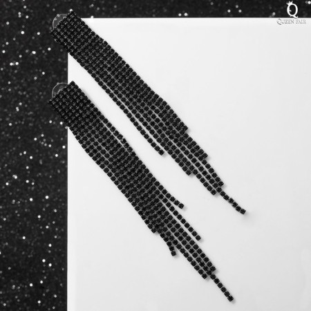 Hanging earrings with rhinestones "Waterfall" on a rectangle, black color in silver, 8 cm-1