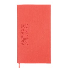 The weekly dated 2025, 85x145 mm, 64 sheets of Escalada, a solid cover made of artificial leather, pancake embossing, block 70 g/m², coral