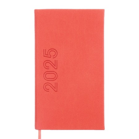 The weekly dated 2025, 85x145 mm, 64 sheets of Escalada, a solid cover made of artificial leather, pancake embossing, block 70 g/m², coral
