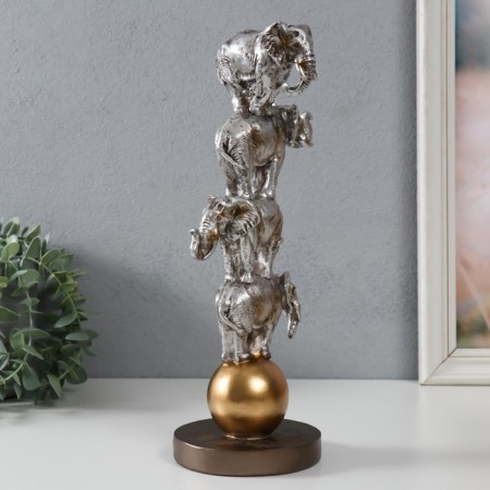 Polystone souvenir "Four elephants on the ball - Pyramid" Silver 13.1x11.1x31 cm-1