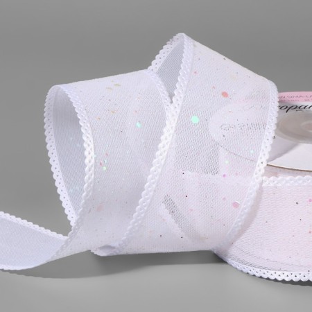 The tape is decorative, with glitter, 38 mm, 9 ± 0.5 m, white/rainbow color