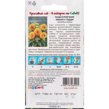 Flower seeds sunflower "Bear Taddy" F1 1 g-1
