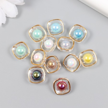 A button plastic for creativity "Pearl in the Golden Square" Nr 12 pcs Mix 1.4x1.4x0.8 cm 94108